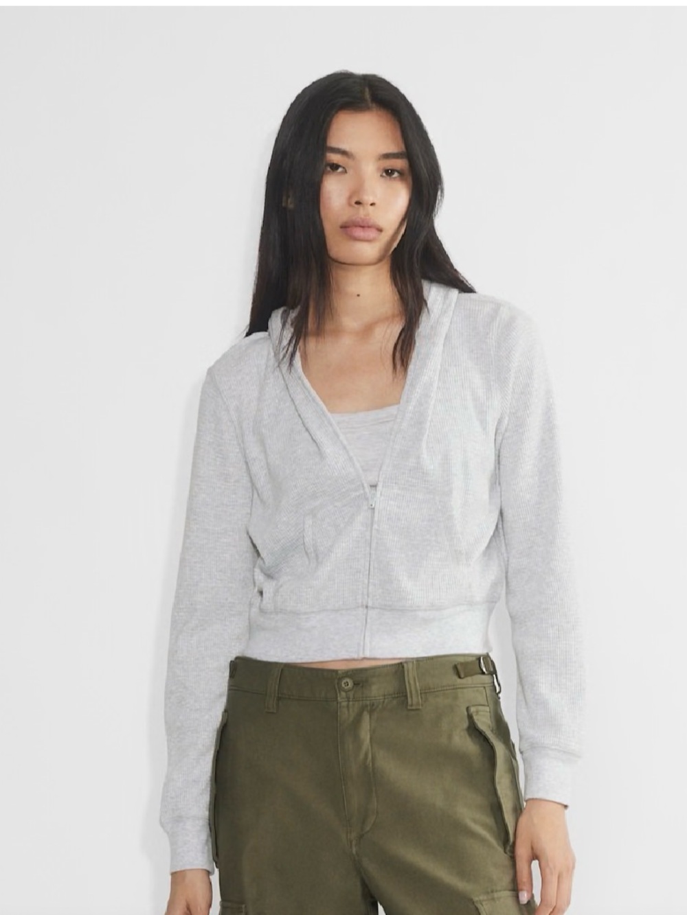 Aritzia tna waffle knit Light Gray Cropped Zip Hoodie size small
